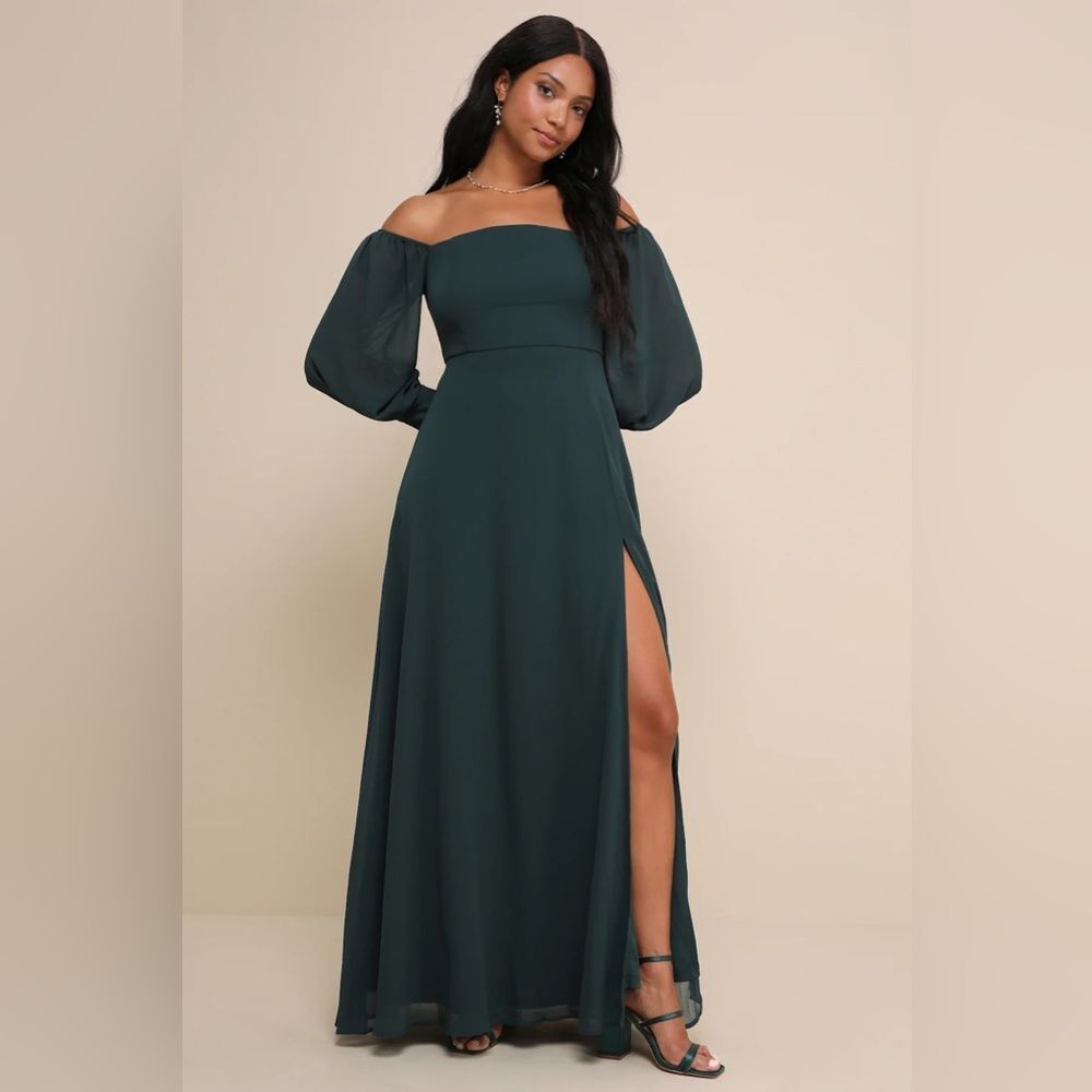 Lulus Feel the Romance Emerald Green Off-the-Shoulder Maxi Dress